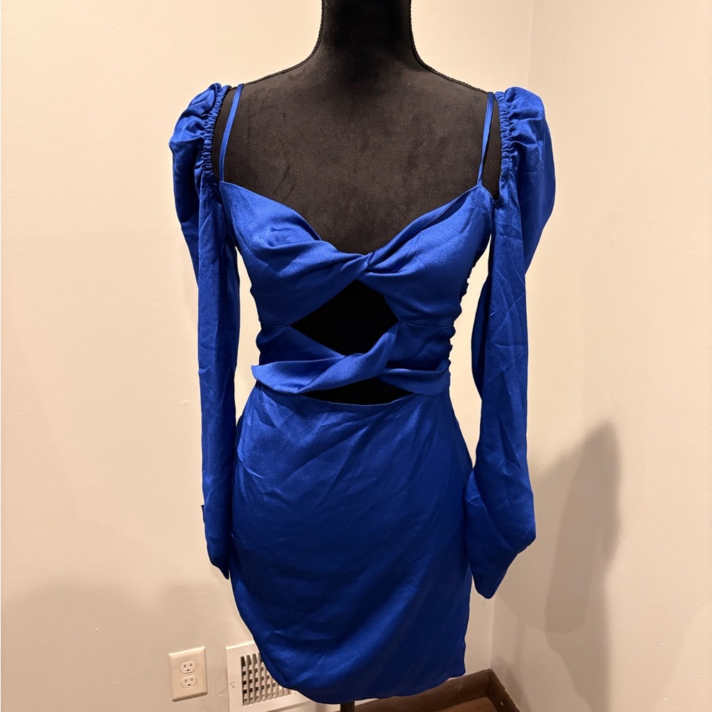 Hello Molly Cobalt Blue Long Sleeve Twist Front Cutout Mini Dress
